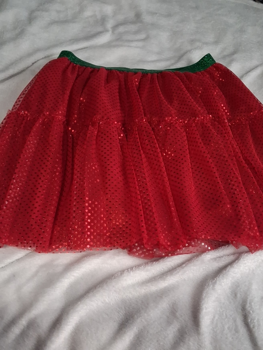 Red Sequin Tulle Skirt with Green Waistband - Women's Holiday Skirt